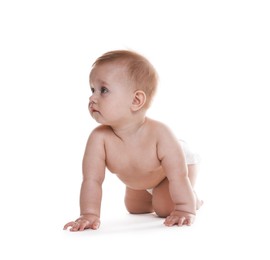 Photo of Cute little baby in diaper on white background