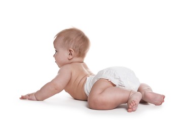 Photo of Cute little baby in diaper on white background