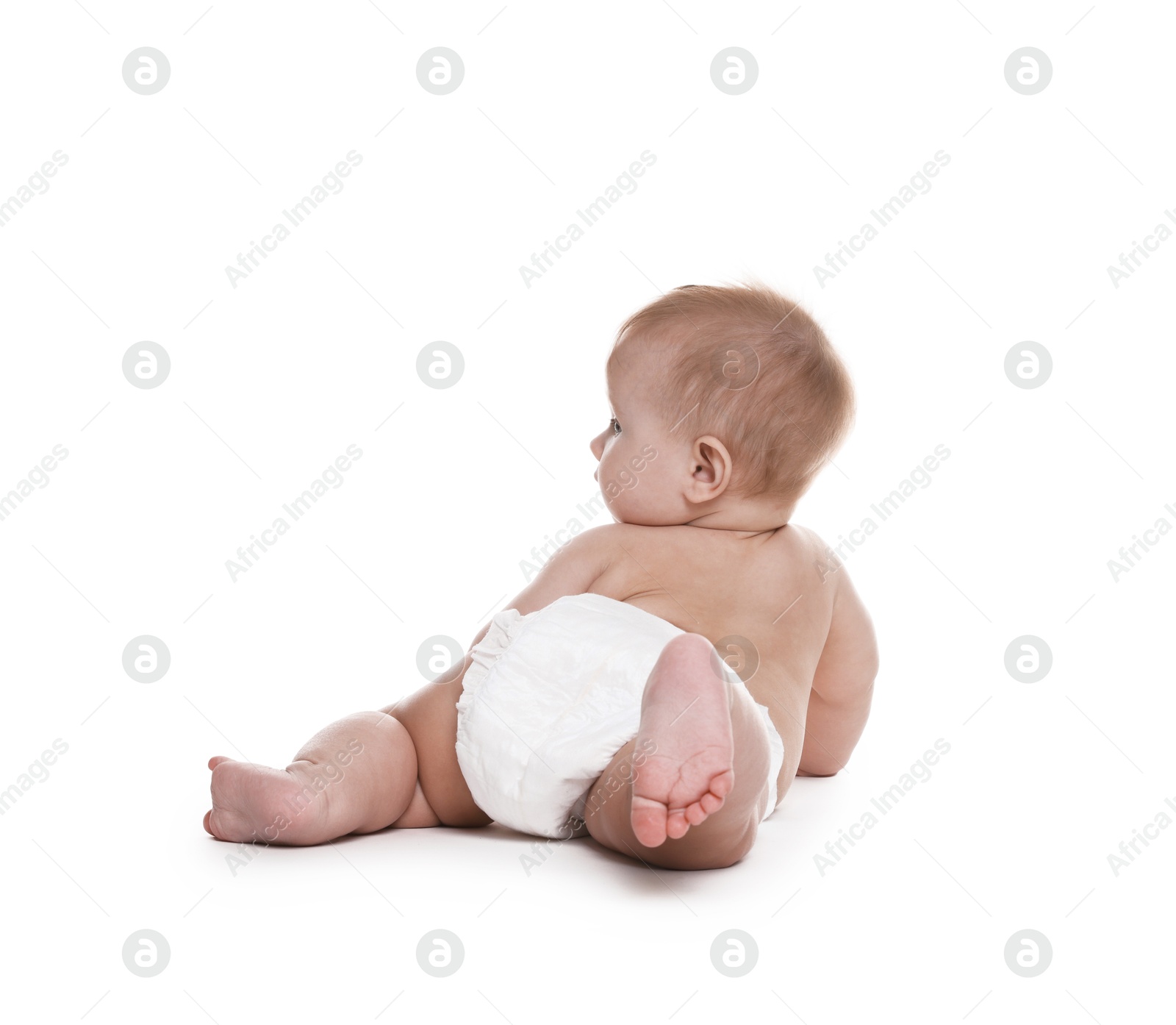 Photo of Cute little baby in diaper on white background, back view