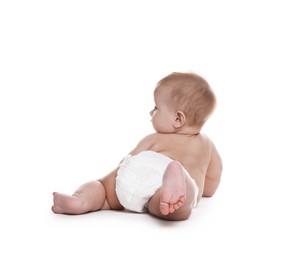 Photo of Cute little baby in diaper on white background, back view