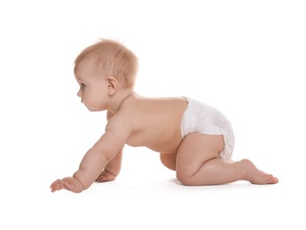 Photo of Cute little baby in diaper on white background