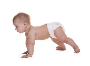 Photo of Cute little baby in diaper on white background