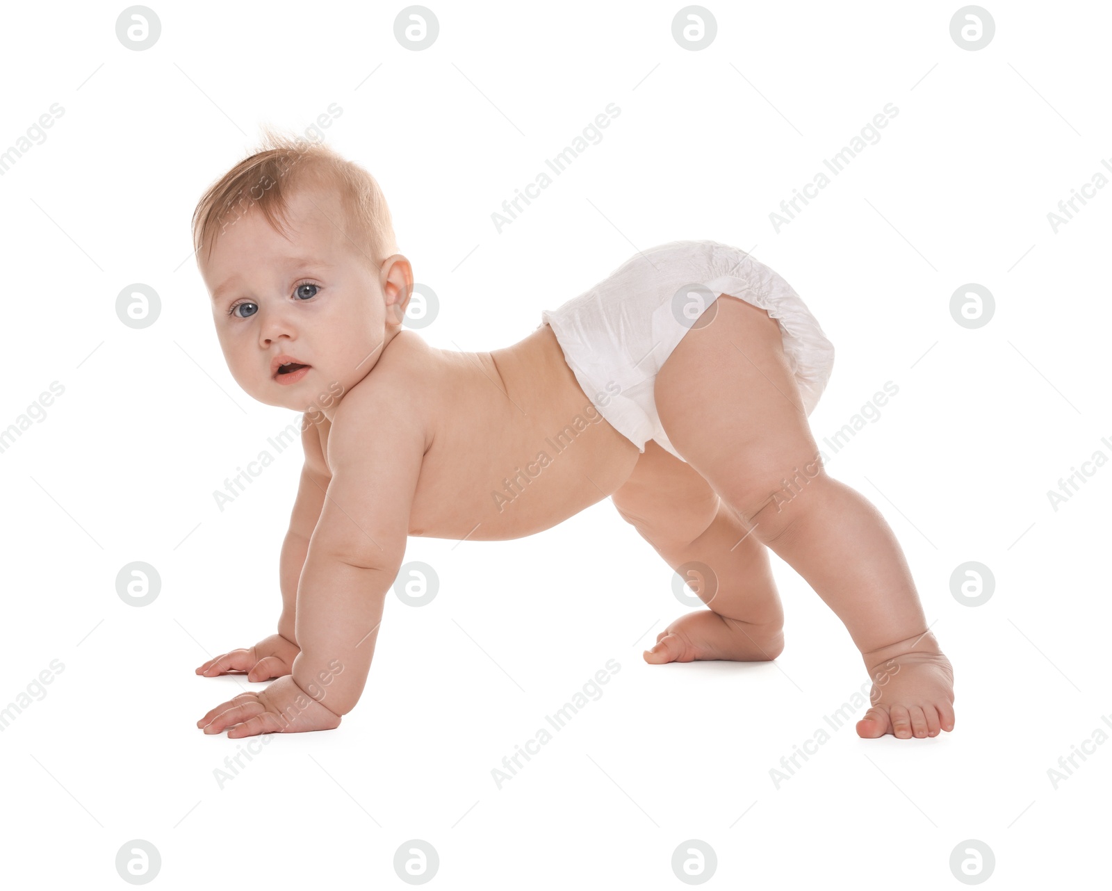 Photo of Cute little baby in diaper on white background