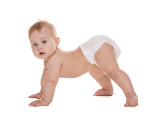 Photo of Cute little baby in diaper on white background