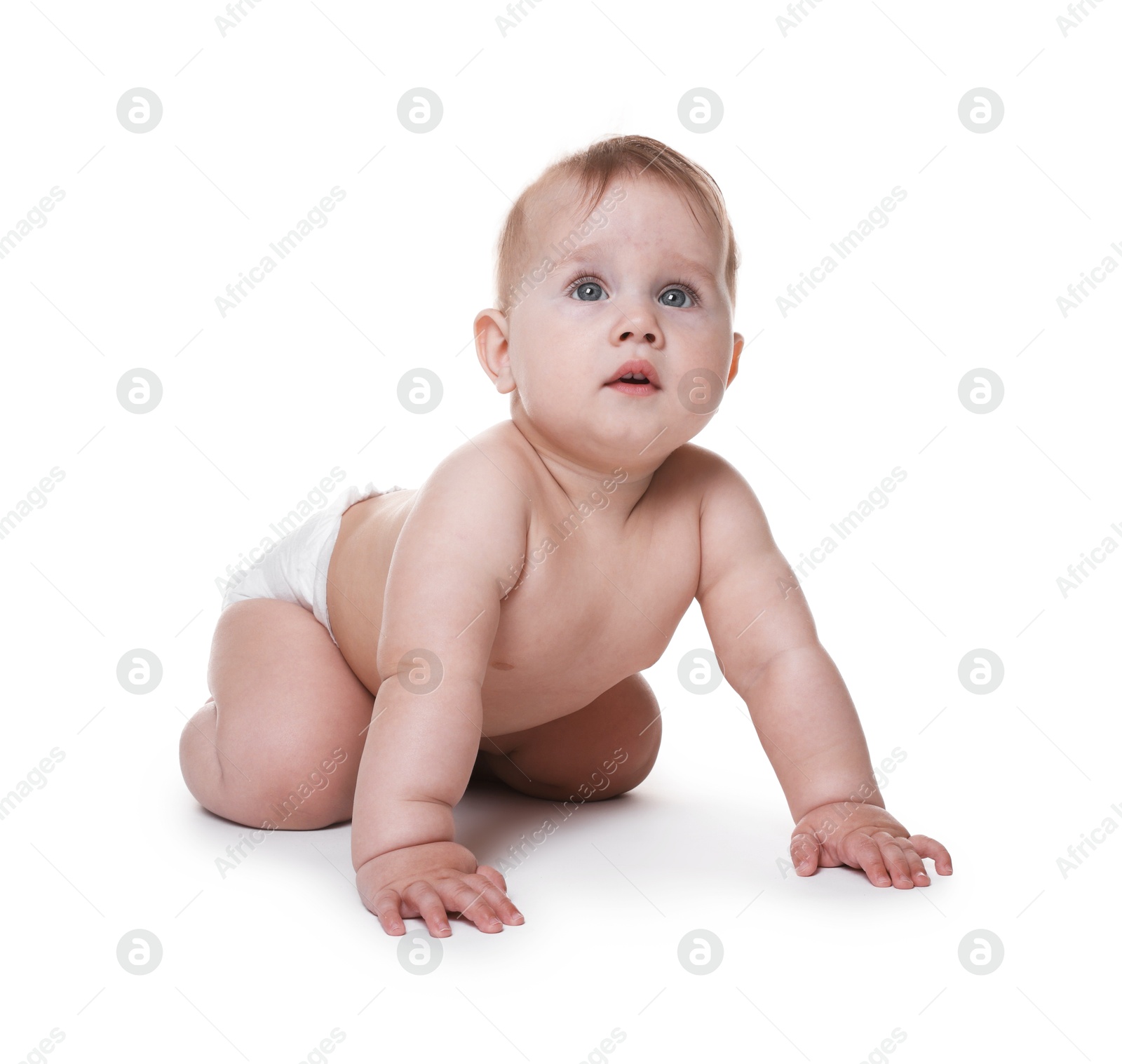 Cute little baby in diaper on white background Photo of Cute little baby in diaper on white background