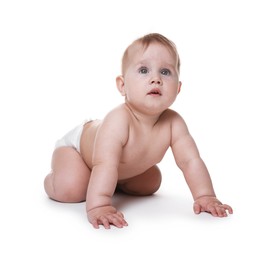 Photo of Cute little baby in diaper on white background