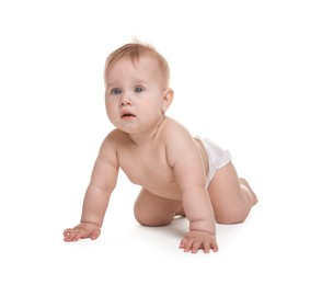 Photo of Cute little baby in diaper on white background