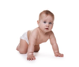 Photo of Cute little baby in diaper on white background