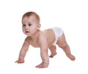 Photo of Cute little baby in diaper on white background