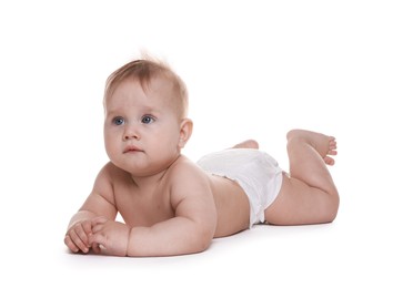 Photo of Cute little baby in diaper on white background