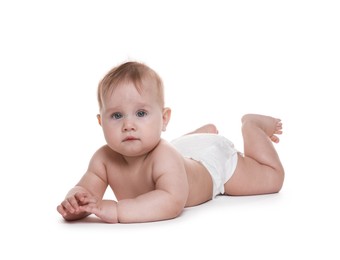 Photo of Cute little baby in diaper on white background
