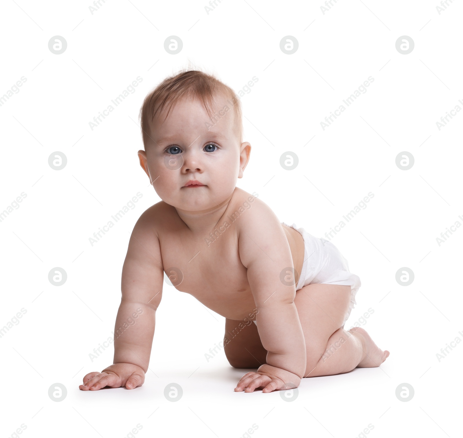 Cute little baby in diaper on white background Photo of Cute little baby in diaper on white background