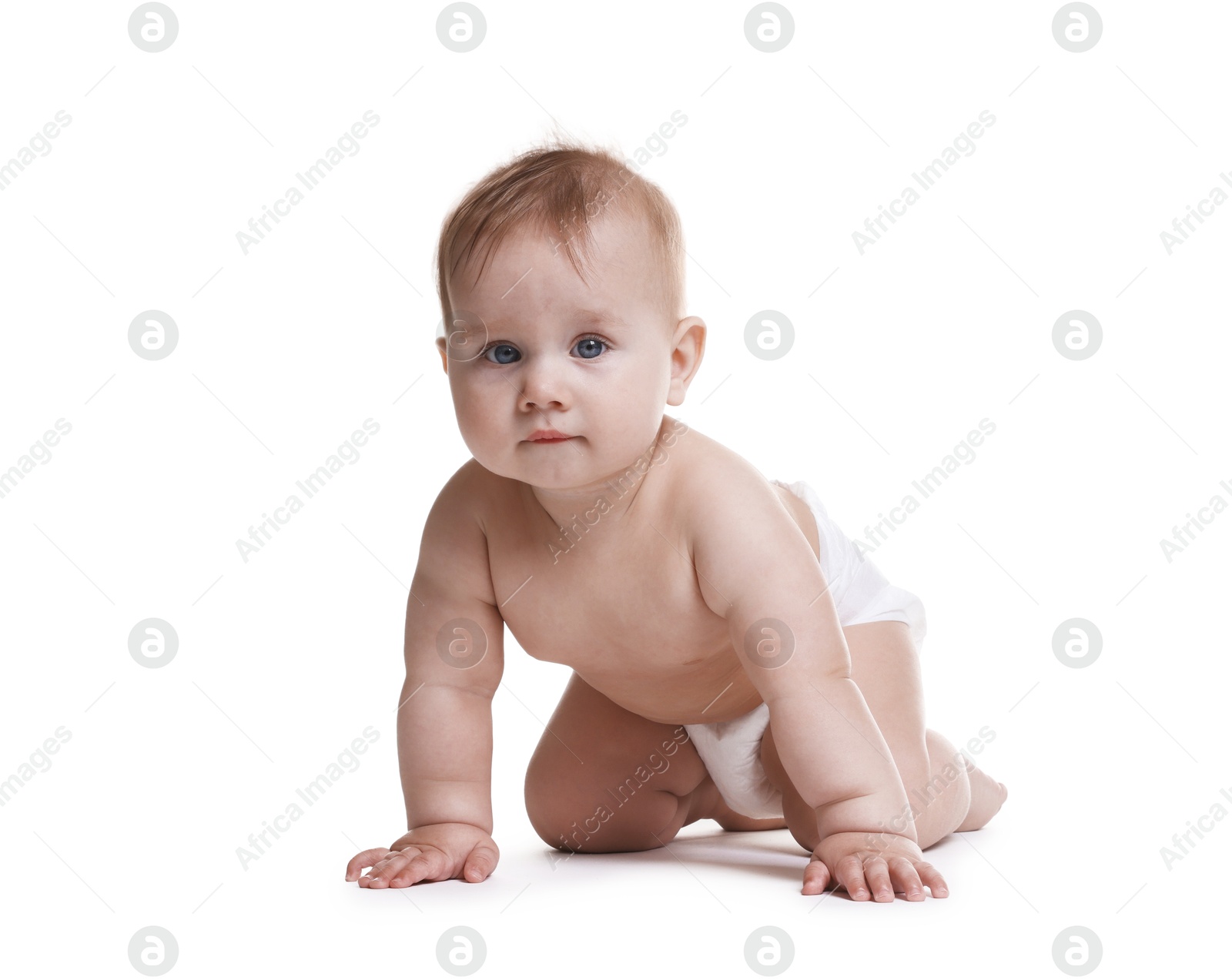 Cute little baby in diaper on white background Photo of Cute little baby in diaper on white background