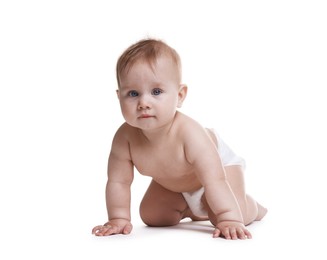 Photo of Cute little baby in diaper on white background