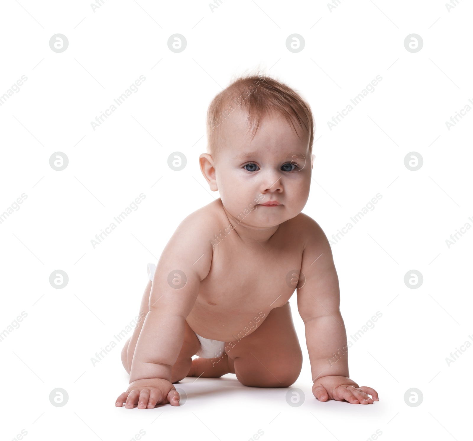 Cute little baby in diaper on white background Photo of Cute little baby in diaper on white background