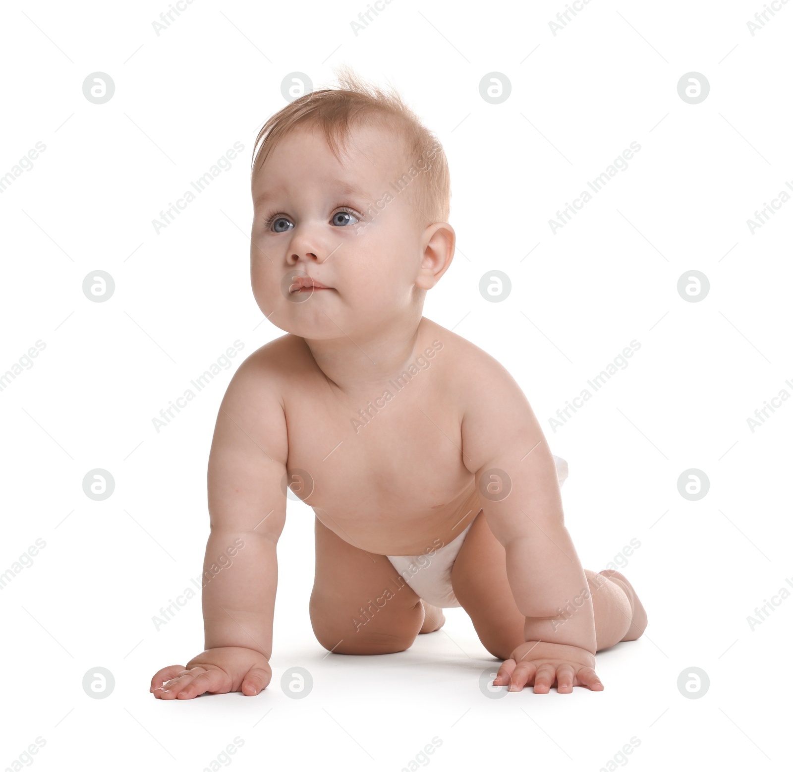 Cute little baby in diaper on white background Photo of Cute little baby in diaper on white background