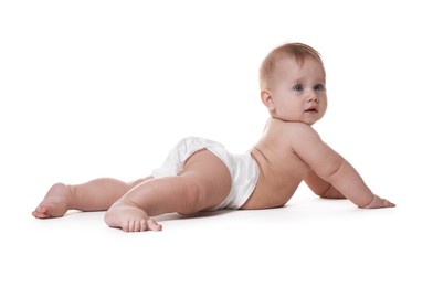Photo of Cute little baby in diaper on white background