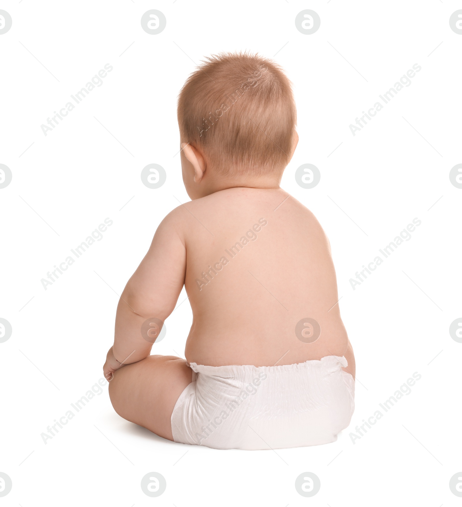 Cute little baby in diaper sitting on white background, back view Photo of Cute little baby in diaper sitting on white background, back view