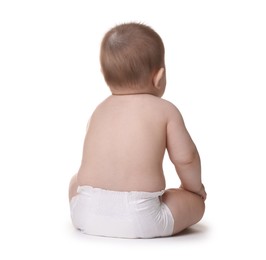 Photo of Cute little baby in diaper sitting on white background, back view