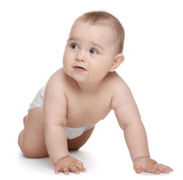 Photo of Cute little baby in diaper on white background