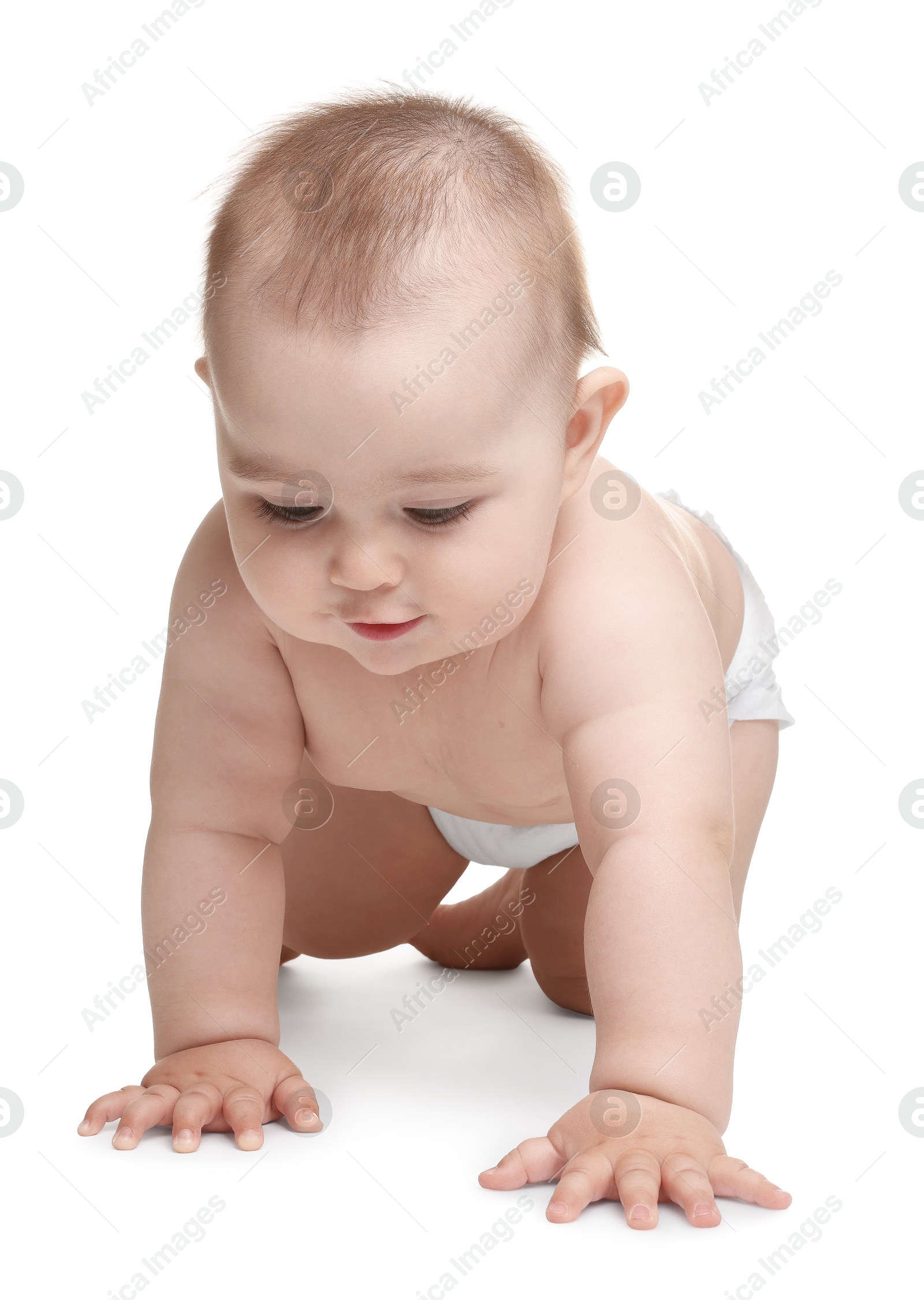 Cute little baby in diaper on white background Photo of Cute little baby in diaper on white background