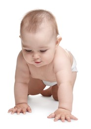 Photo of Cute little baby in diaper on white background