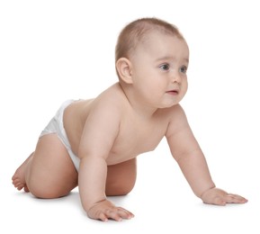 Photo of Cute little baby in diaper on white background