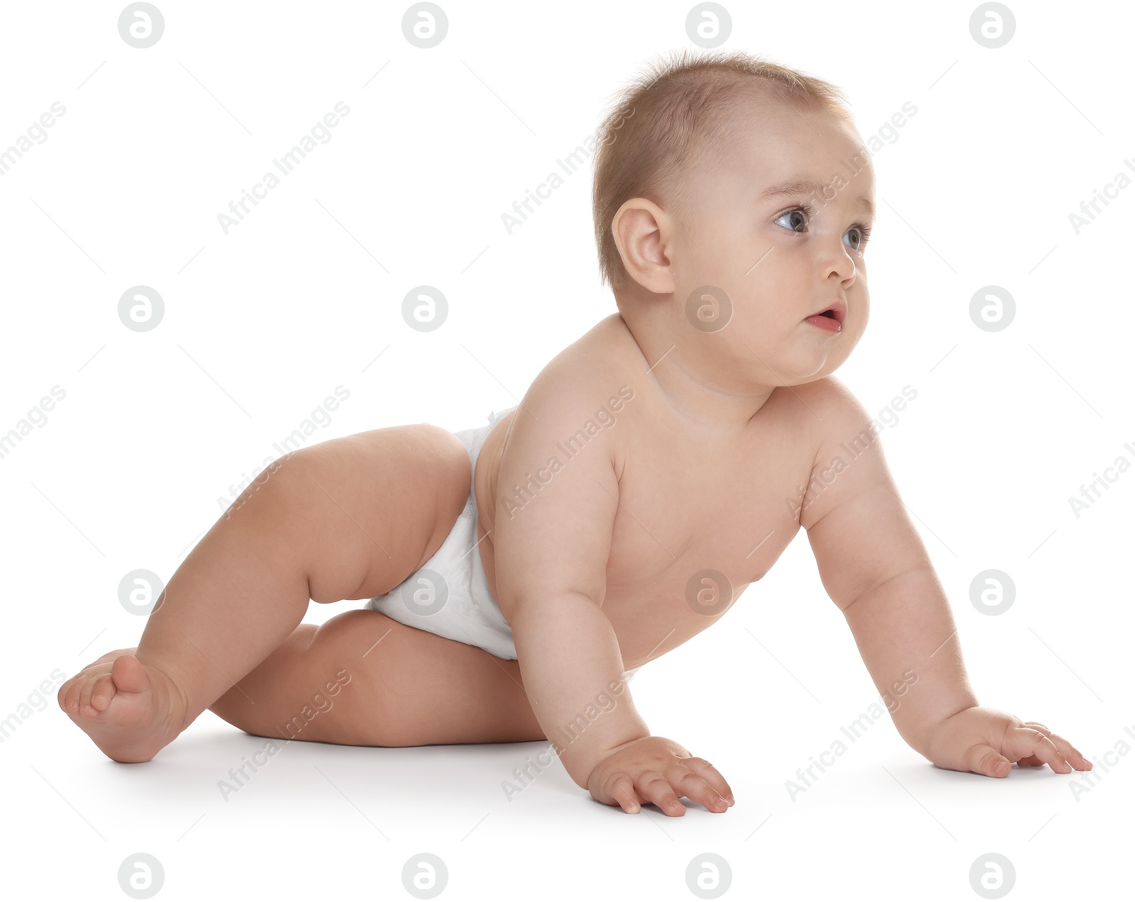 Cute little baby in diaper on white background Photo of Cute little baby in diaper on white background
