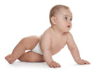 Photo of Cute little baby in diaper on white background
