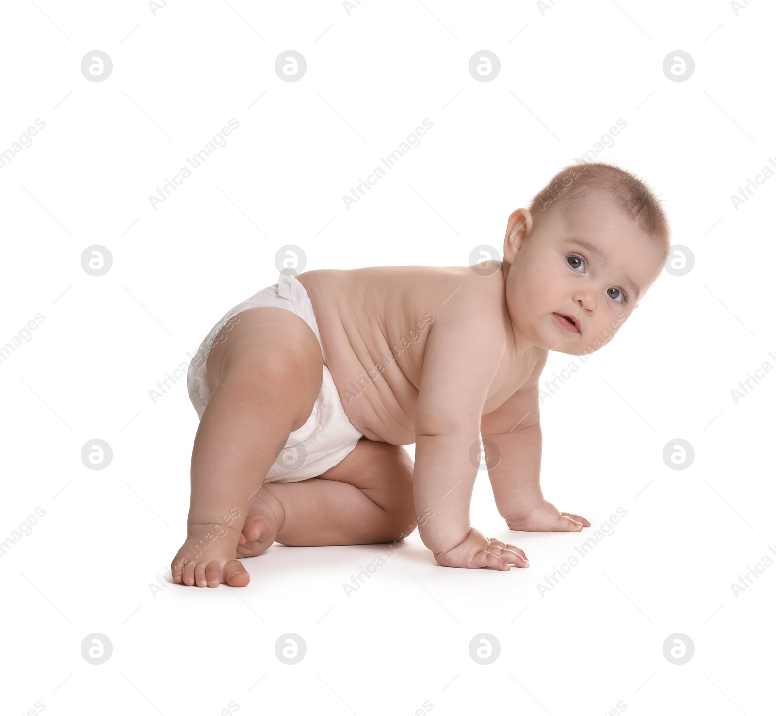 Cute little baby in diaper on white background Photo of Cute little baby in diaper on white background