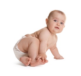 Photo of Cute little baby in diaper on white background