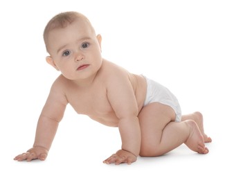 Photo of Cute little baby in diaper on white background