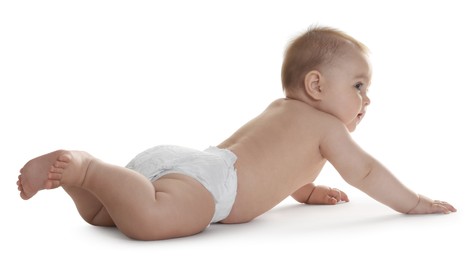 Photo of Cute little baby in diaper on white background