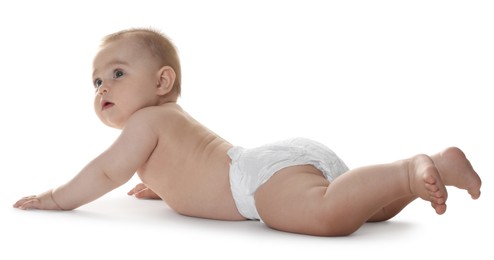 Photo of Cute little baby in diaper on white background