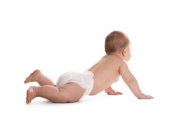 Photo of Cute little baby in diaper on white background
