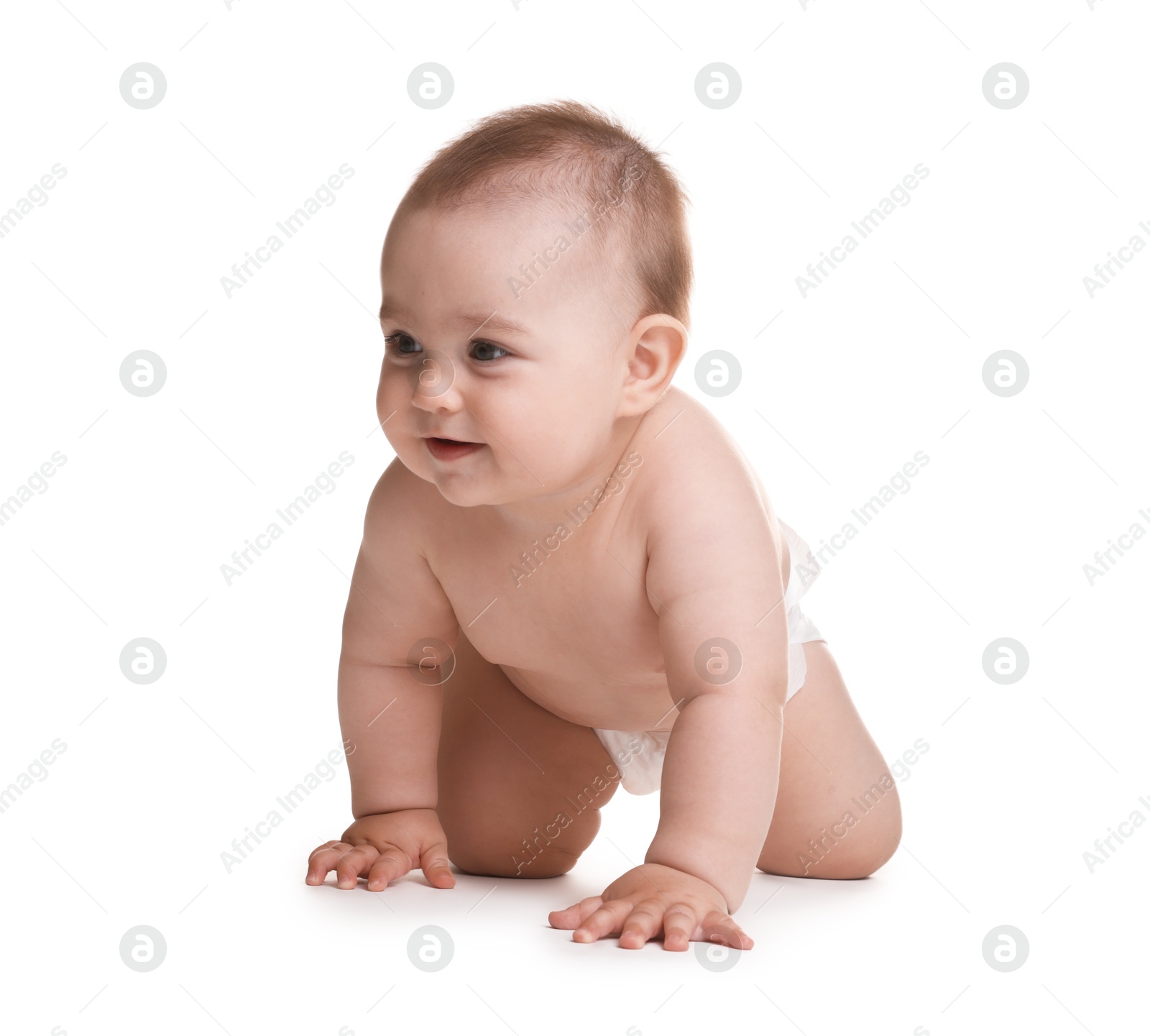 Cute little baby in diaper on white background Photo of Cute little baby in diaper on white background