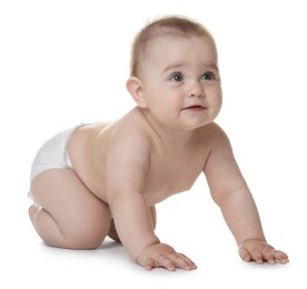 Photo of Cute little baby in diaper on white background