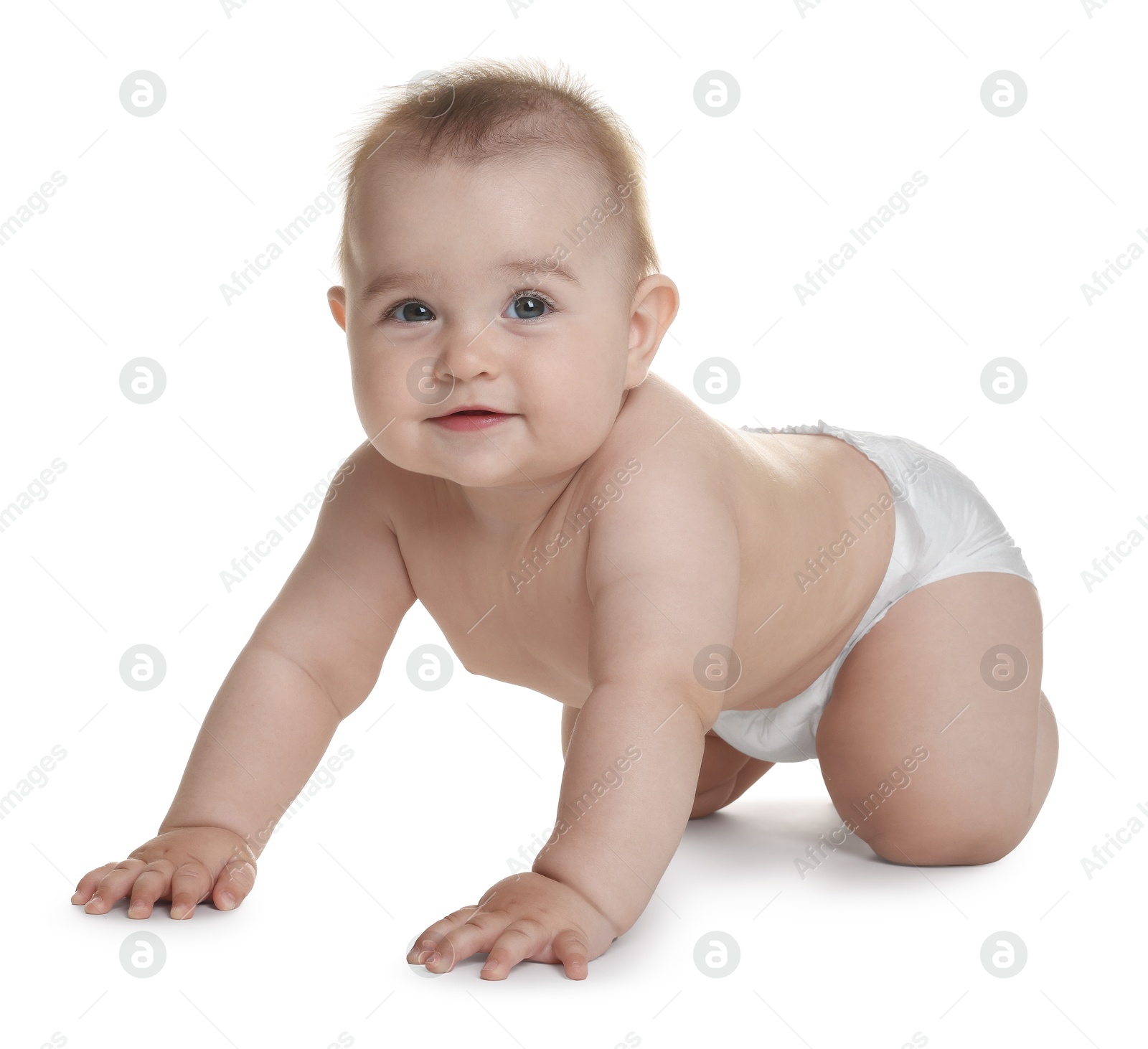 Cute little baby in diaper on white background Photo of Cute little baby in diaper on white background