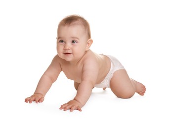 Photo of Cute little baby in diaper on white background