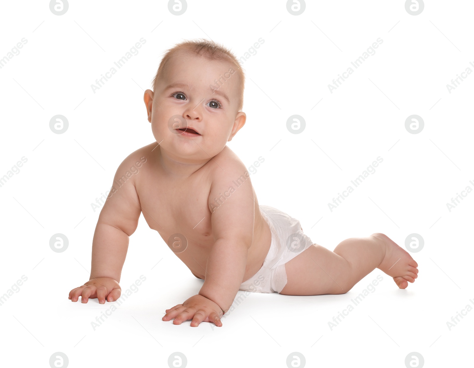 Cute little baby in diaper on white background Photo of Cute little baby in diaper on white background