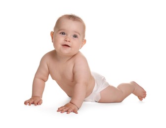 Photo of Cute little baby in diaper on white background