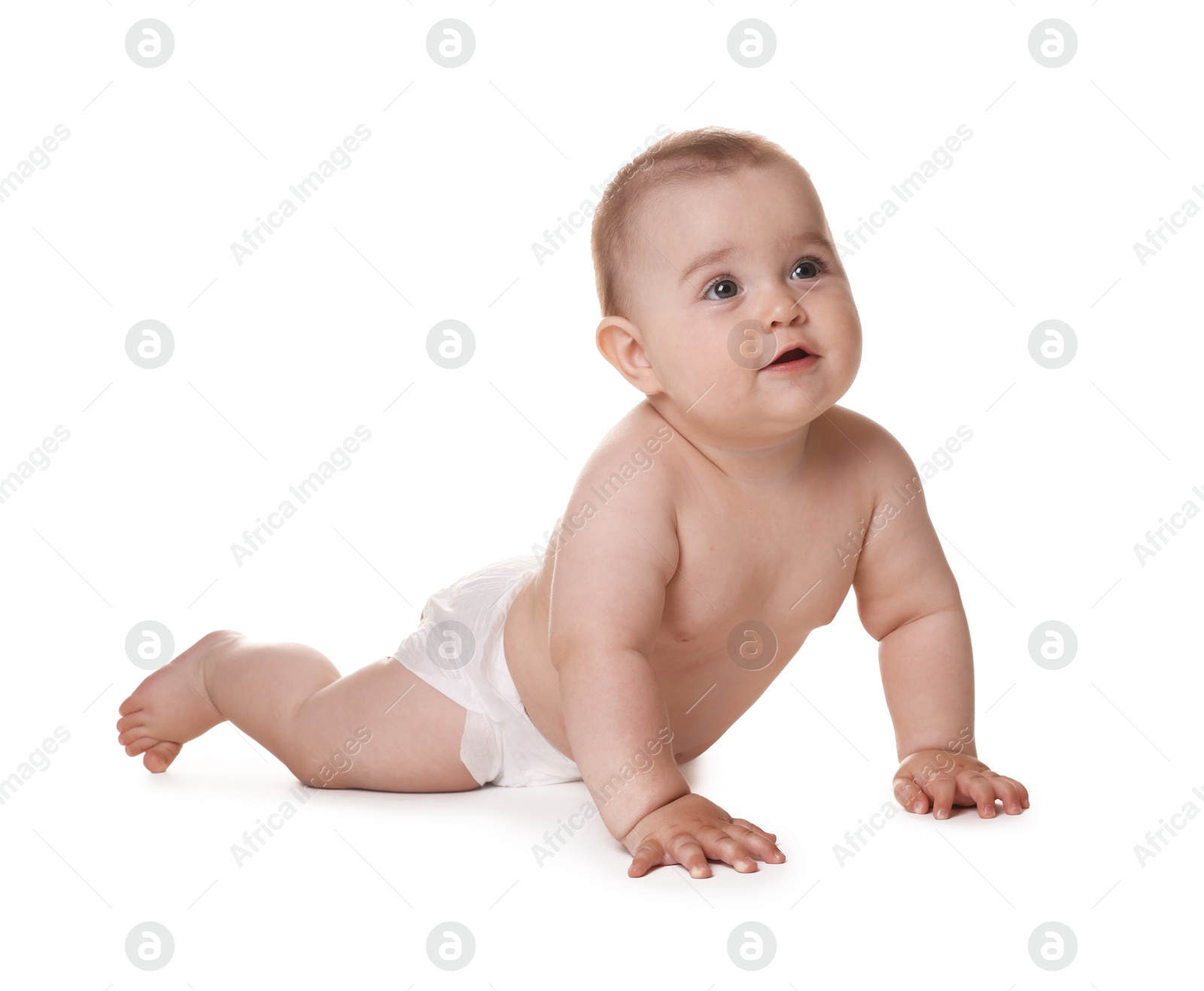 Cute little baby in diaper on white background Photo of Cute little baby in diaper on white background