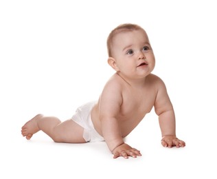 Photo of Cute little baby in diaper on white background