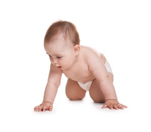Photo of Cute little baby in diaper on white background