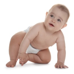 Photo of Cute little baby in diaper on white background