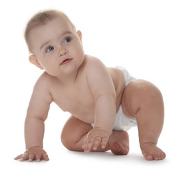 Photo of Cute little baby in diaper on white background