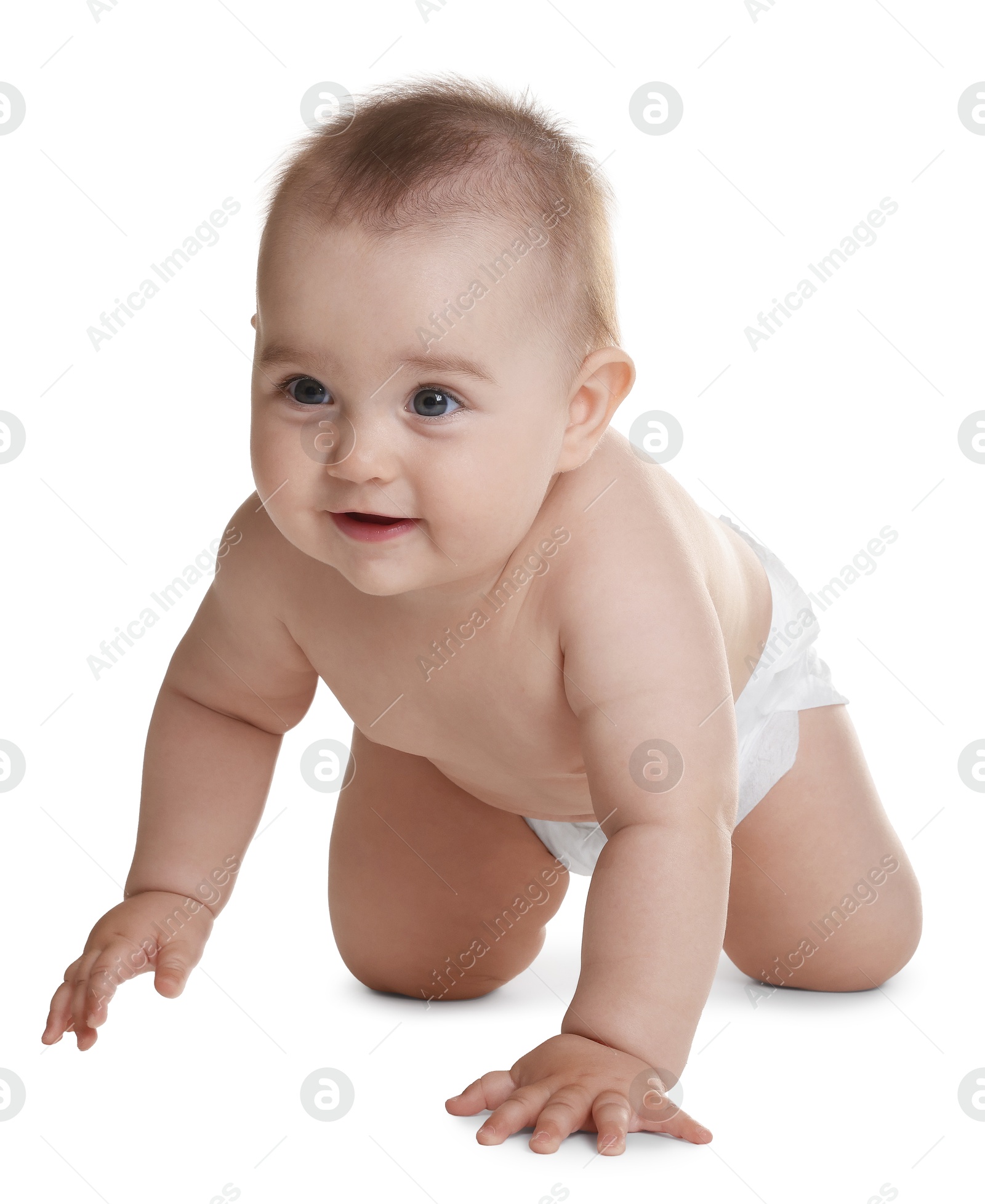Cute little baby in diaper on white background Photo of Cute little baby in diaper on white background