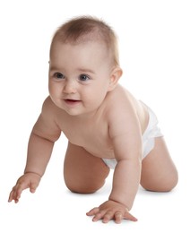 Photo of Cute little baby in diaper on white background