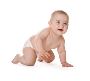 Photo of Cute little baby in diaper on white background