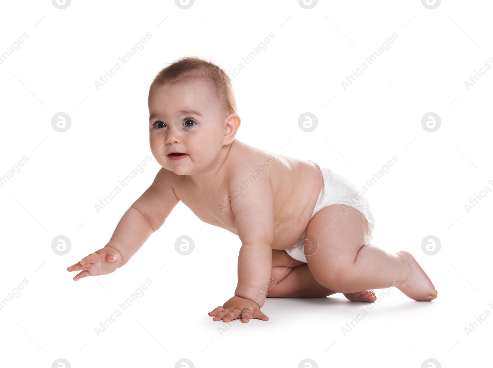Cute little baby in diaper on white background Photo of Cute little baby in diaper on white background